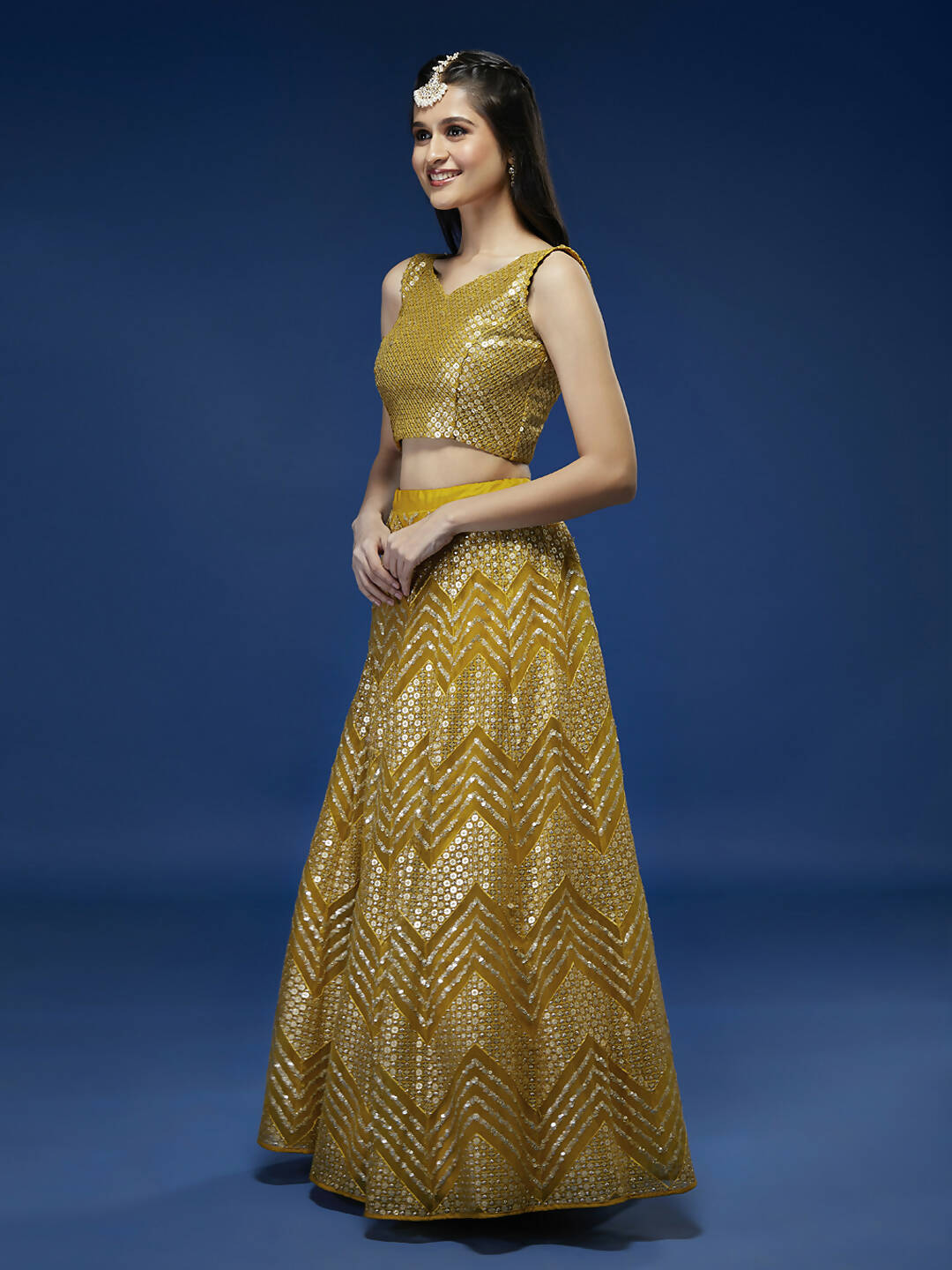 House of Panchhi Mustard Net Sequinse Work Lehenga & Blouse, Dupatta | Swadesiicart