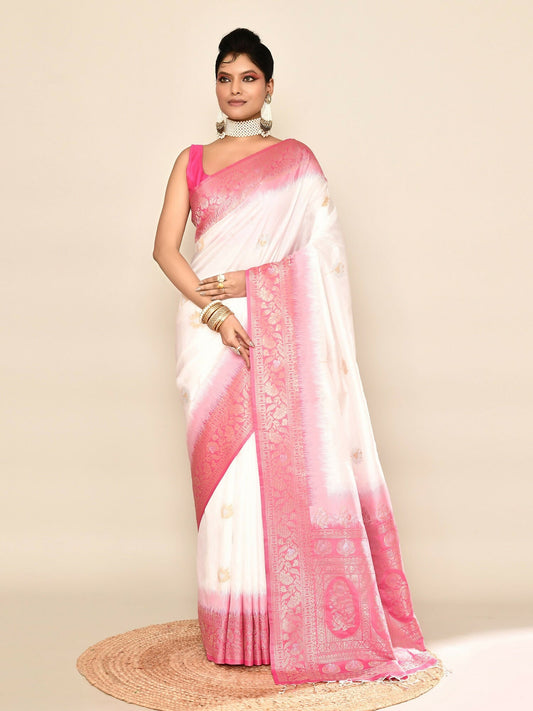 Joban Fashion White & Rani Pink Plain With Weaving Border Banarasi Silk Sarees | Swadesiicart
