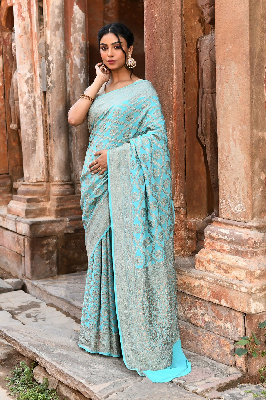 Joban Fashion Teal Green Crepe Chiffon Pure Handloom Banarasi Silk Saree | Swadesiicart