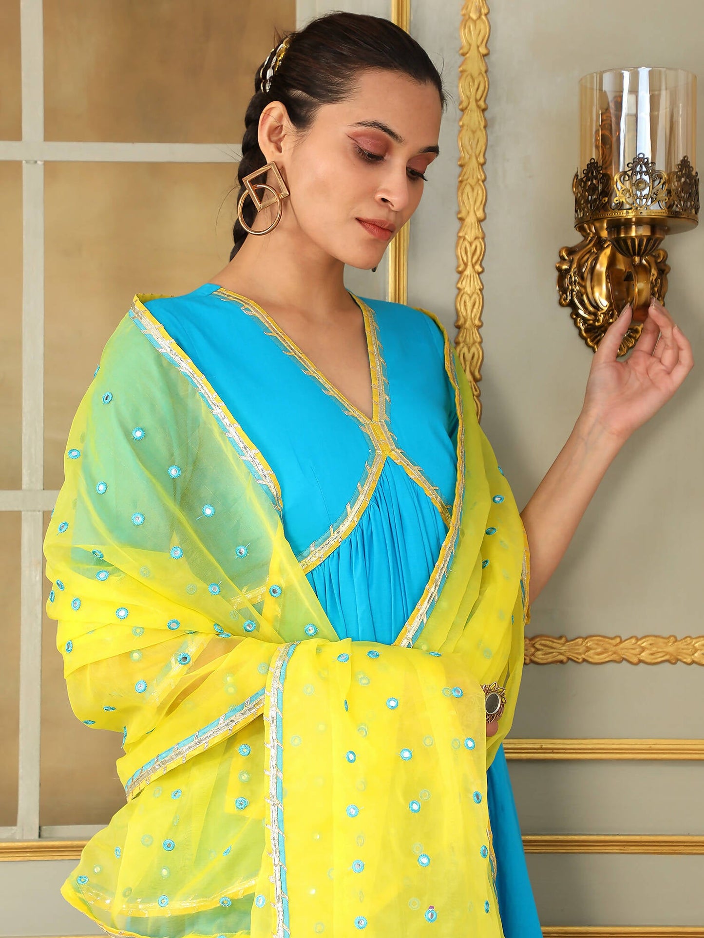 Pomcha Jaipur Blue Saadgi Blue Mirror Work Anarkali Set | Swadesiicart