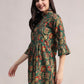 Aavyora Women's Ethnic Floral Printed Tunic - Green with Red & Gold Accents, Pin-Tucked Front, and Flared Hem