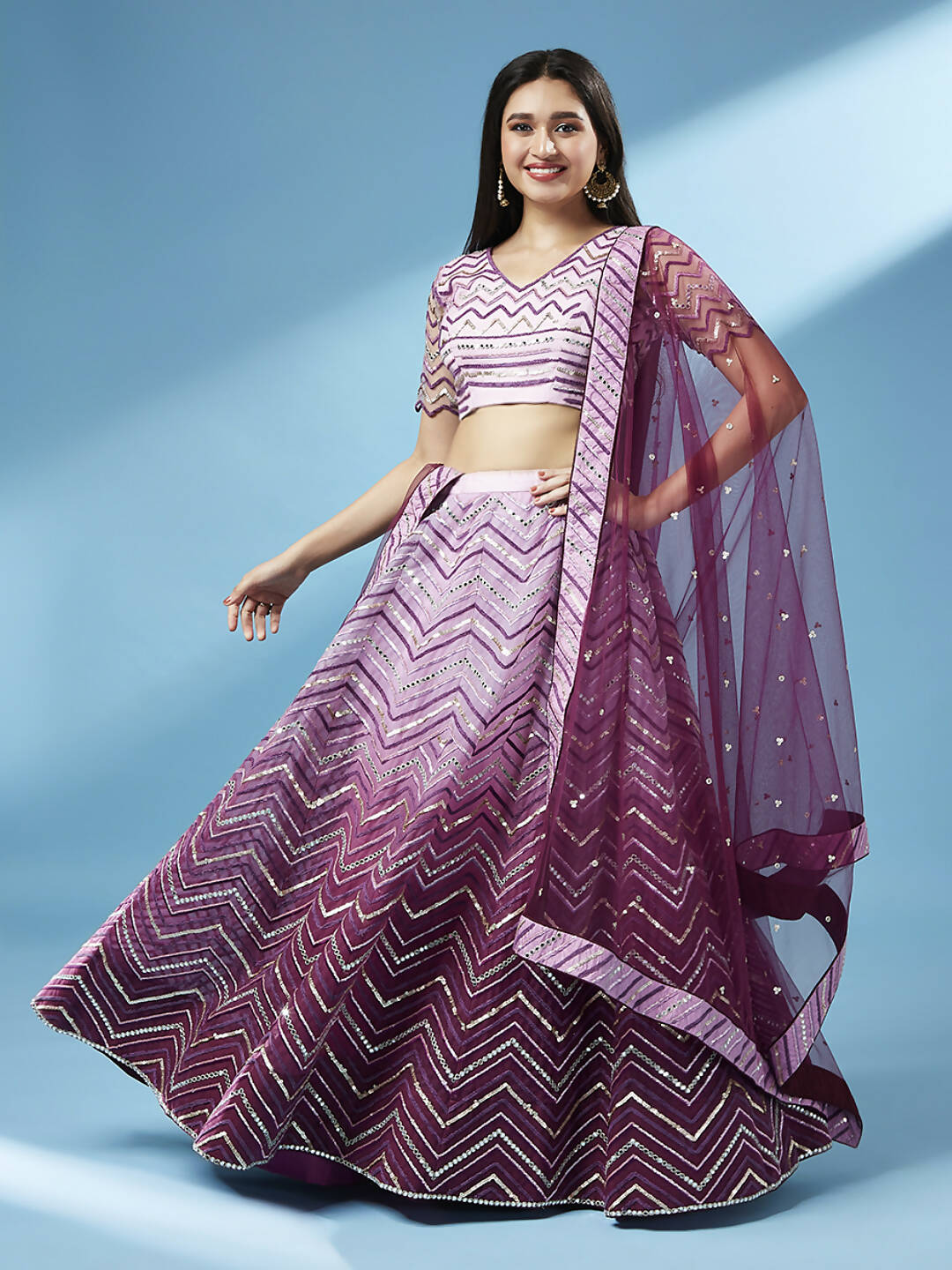 House of Panchhi Women Lavender Net Zig-Zag Embroideried Lehenga, Blouse & Dupatta | Swadesiicart