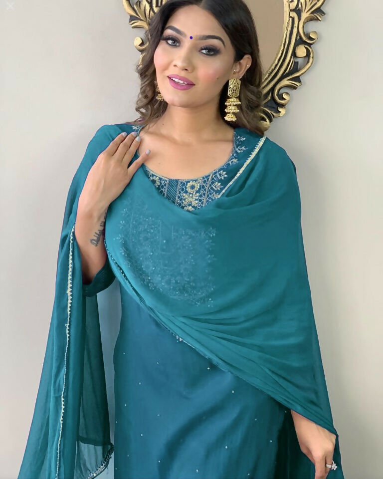 Partywear Designer Firozy Rayon Slub Stitched Suit With Dupatta - Tanisha | Swadesiicart