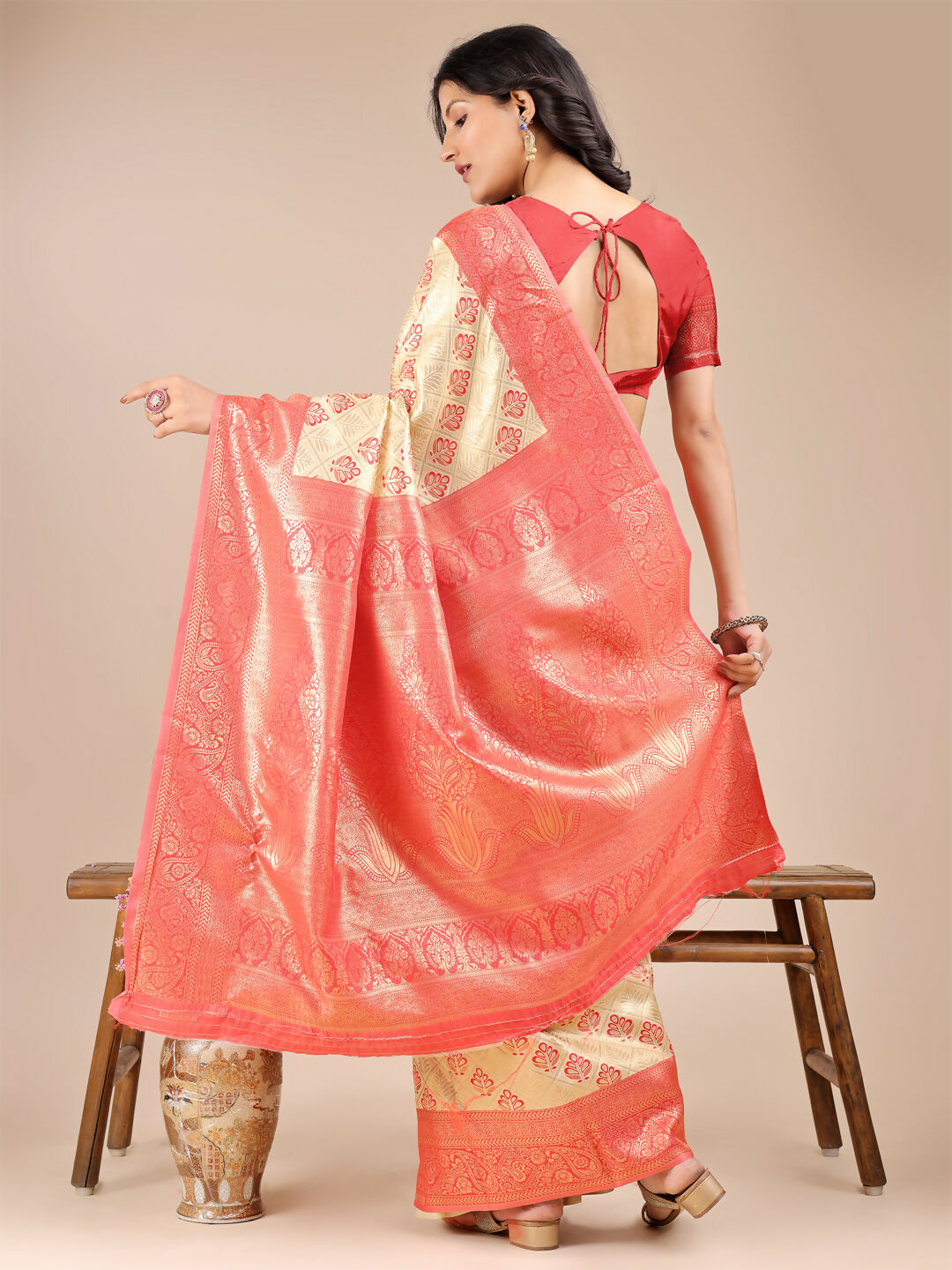 Astita Aura Silk Cream Red Banarasi Silk Saree | Swadesiicart