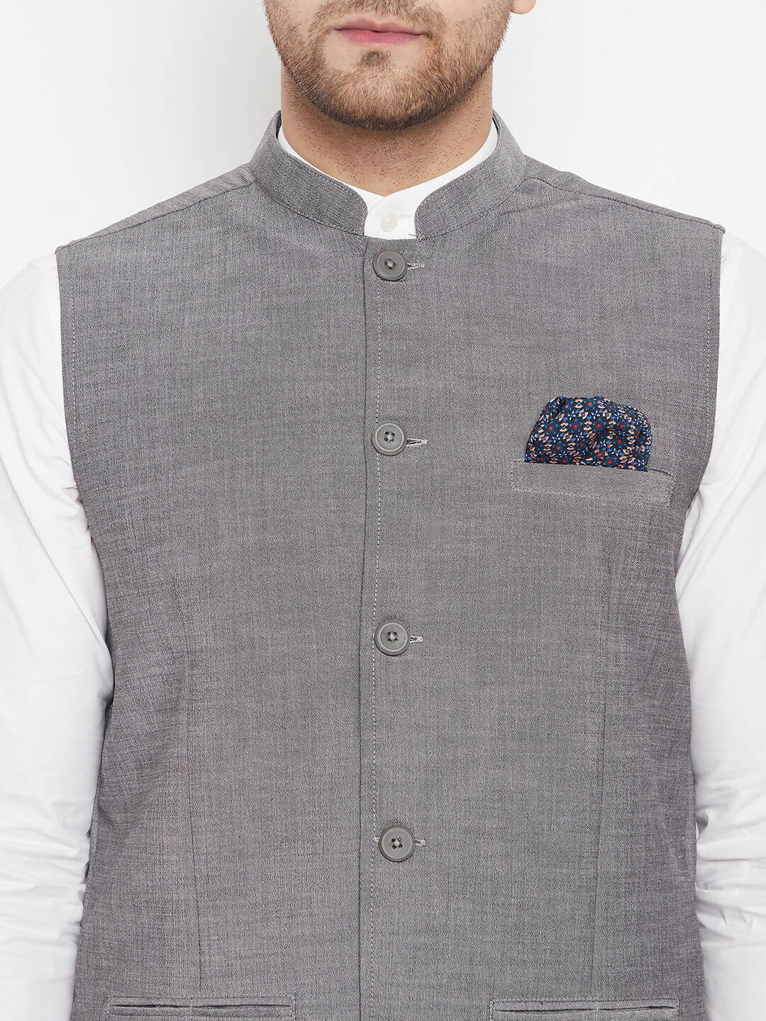 Even Apparels Grey Merino Men's Nehru Jacket-Contrast Lining-Free Pocket Square PW690 | Swadesiicart