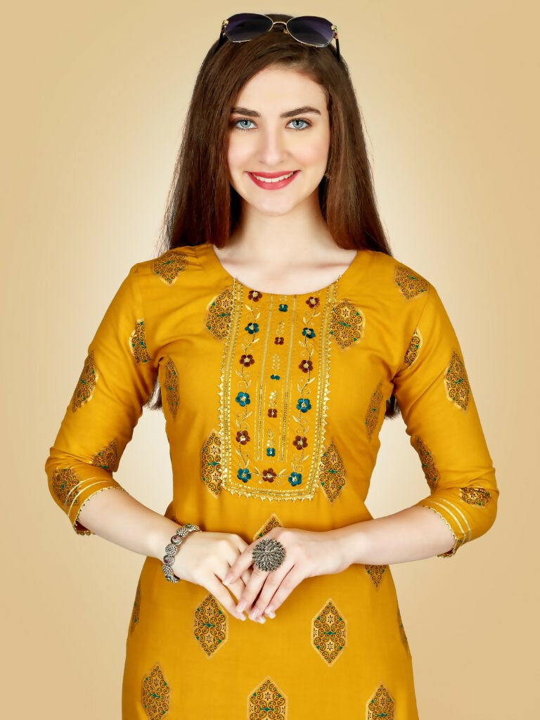 Jyoti Fashion Women's Yellow Viscose Rayon Embroidered Kurta Pant Set | Swadesiicart