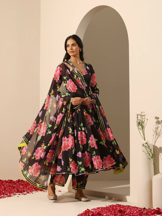 Pomcha Jaipur Black Gul Gulabi Phool Anarkali Set | Swadesiicart