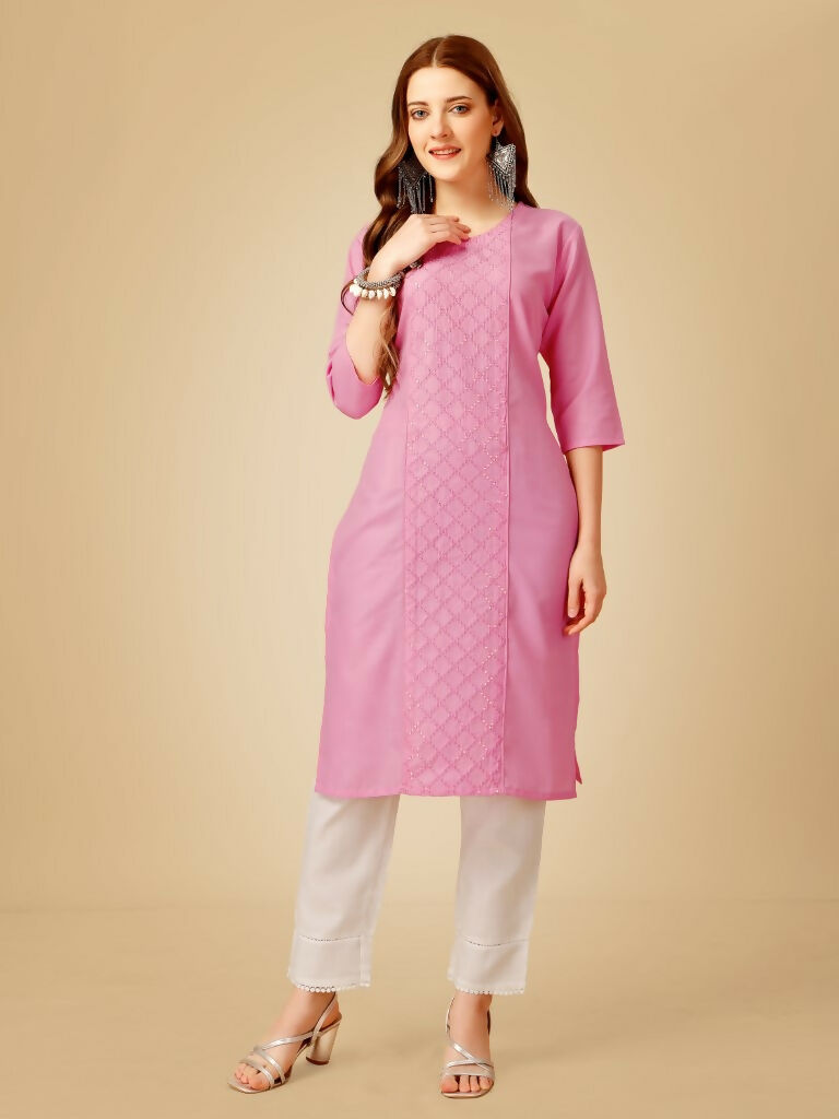 Jyoti Fashion Women's Pink Cotton Blend Embroidered Kurta Pant Set | Swadesiicart