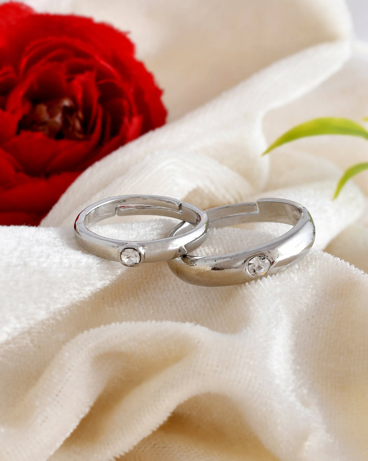 VOJ Stainless Steel Cubic Zirconia Silver Plated Adjustable Ring Set for Couple | Swadesiicart