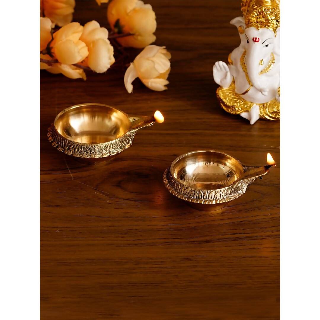 eCraftIndia Set of 2 Gold-Toned Auspicious Handcrafted Brass Diya | Swadesiicart
