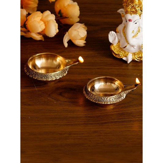 eCraftIndia Set of 2 Gold-Toned Auspicious Handcrafted Brass Diya | Swadesiicart