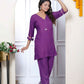 Miravan Women's Purple Solid Rayon Straight Co-Ord Set - Swadesiicart