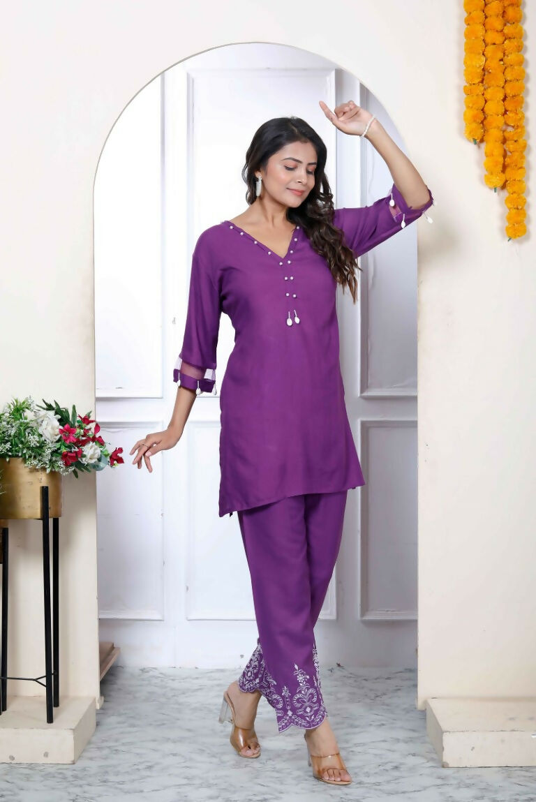 Miravan Women's Purple Solid Rayon Straight Co-Ord Set - Swadesiicart