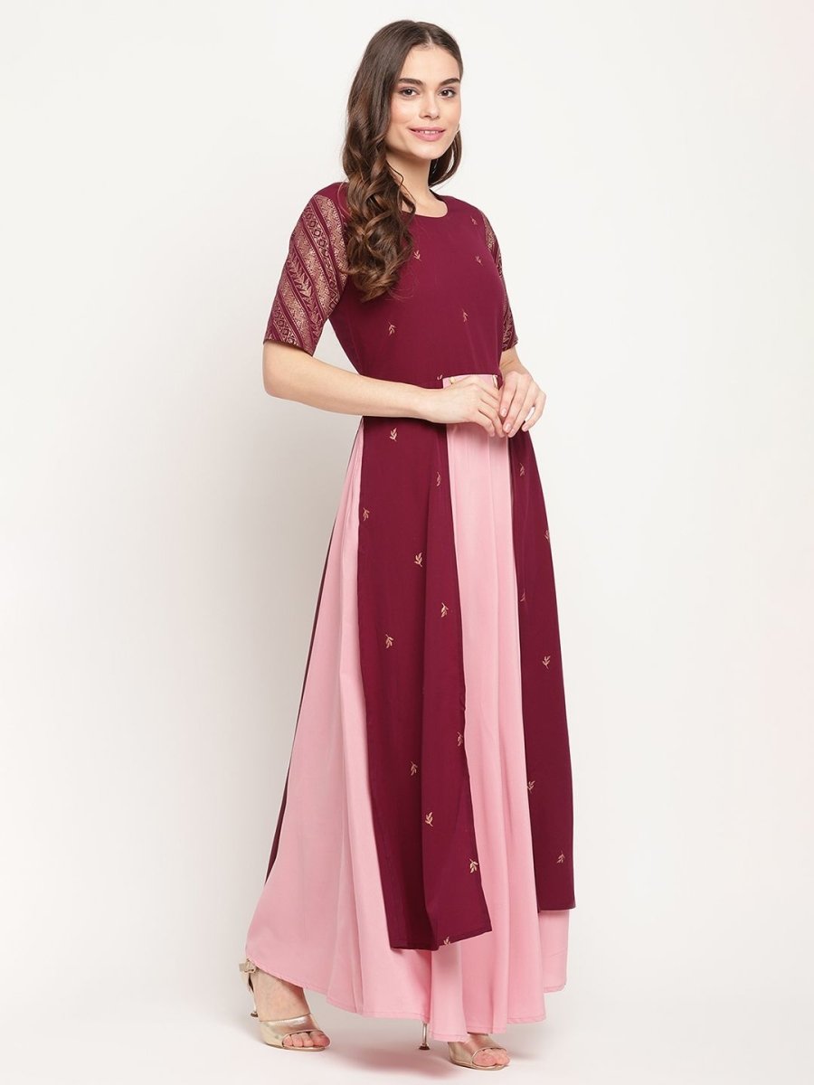 Ahalyaa Women Wine Crepe Glitter Print Dress | Swadesiicart