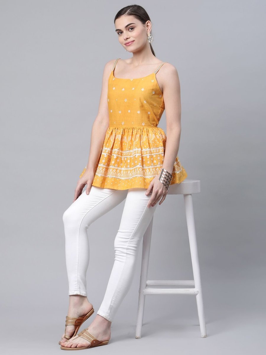 Ahalyaa Women Mustard Pure Cotton Porcian Print Shoulder Straps Tunic | Swadesiicart