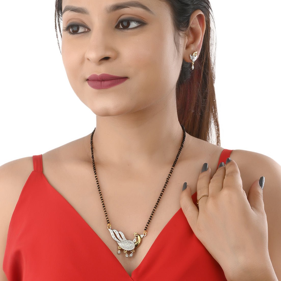 AanyaCentric Ad Short Mangalsutra Set Pendant with Earrings Golden | Swadesiicart