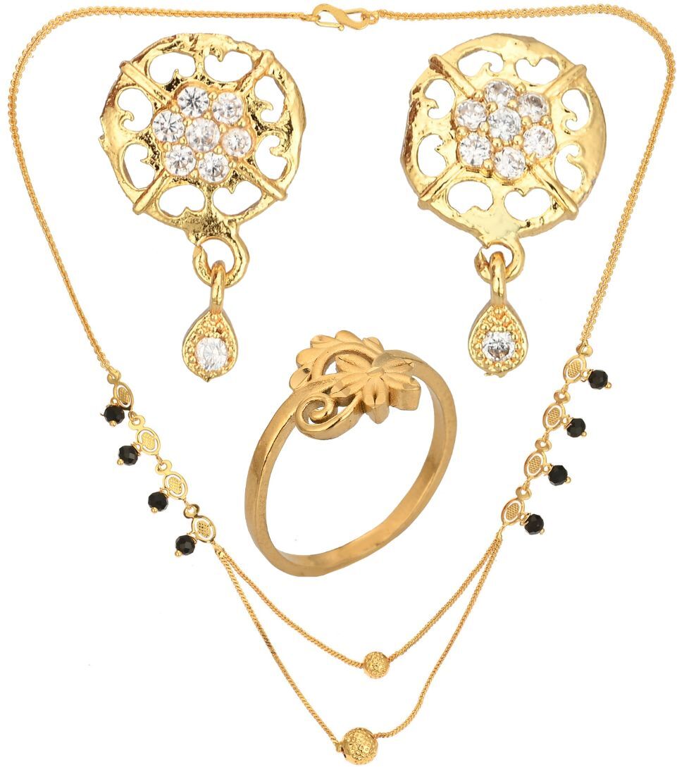 AanyaCentric Gold-Polished Jewelry Combo: Elegant Short Mangalsutra, Finger Ring, and American Diamond Earrings Set - AanyaCentric