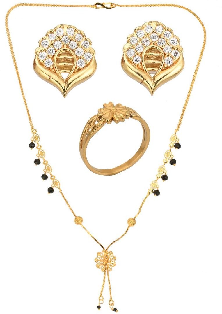AanyaCentric Gold-Polished Jewelry Combo: Elegant Short Mangalsutra, Finger Ring, and American Diamond Earrings Set