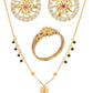 AanyaCentric Gold-Polished Jewelry Combo: Elegant Short Mangalsutra, Finger Ring, and American Diamond Earrings Set