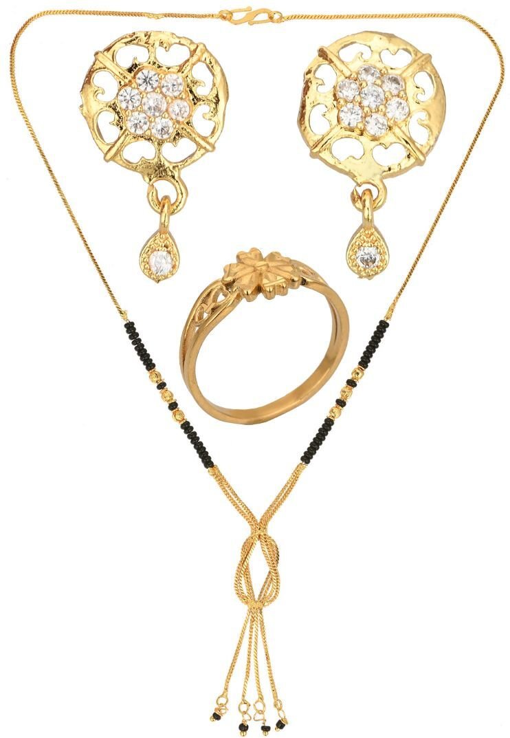 AanyaCentric Gold-Polished Jewelry Combo: Elegant Short Mangalsutra, Finger Ring, and American Diamond Earrings Set