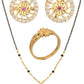 AanyaCentric Gold-Polished Jewelry Combo: Elegant Short Mangalsutra, Finger Ring, and American Diamond Earrings Set