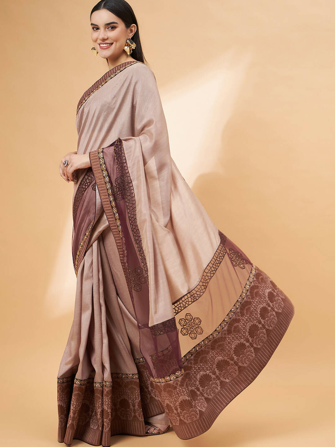 Beige, Purple Tussar Silk Zari, Thread And Cord Embroidery, Laser Cut Applique Saree - Norita Hit Design - Swadesiicart