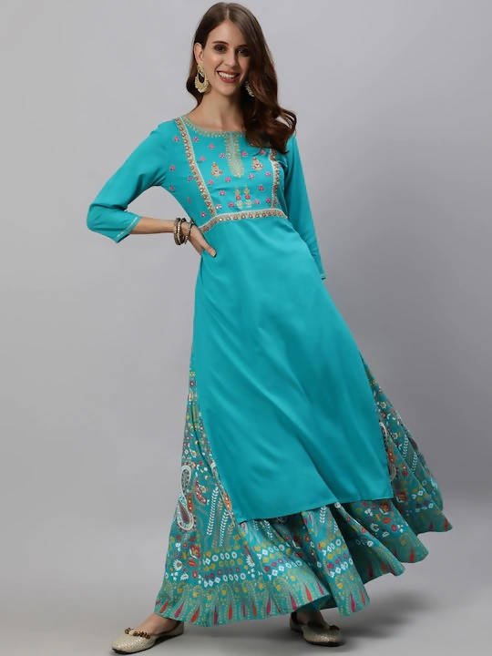 Anubhutee Blue Floral Embroidered Empire Sequinned Kurta with Skirt | Swadesiicart