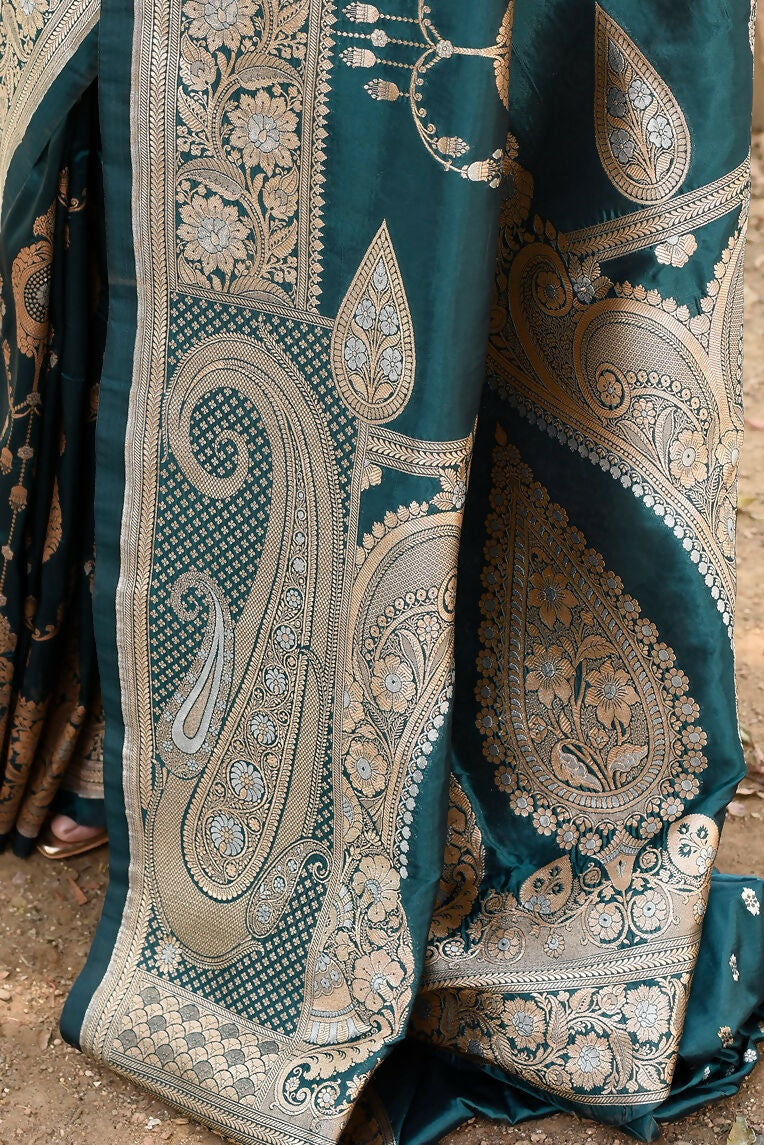 Joban Fashion Green Banarasi Soft Pure Handloom Banarasi Silk Saree | Swadesiicart