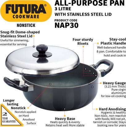 Hawkins Futura Non-stick All-Purpose Pan Handi 3 L with Lid (NAP30) - Swadesiicart