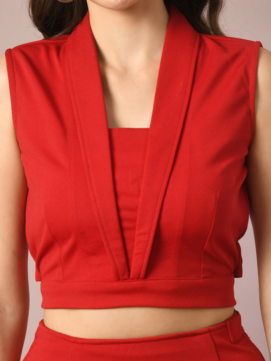 Myshka Women's Red Solid Shawl Neck Party Top With Skirt Co-ord set - Swadesiicart