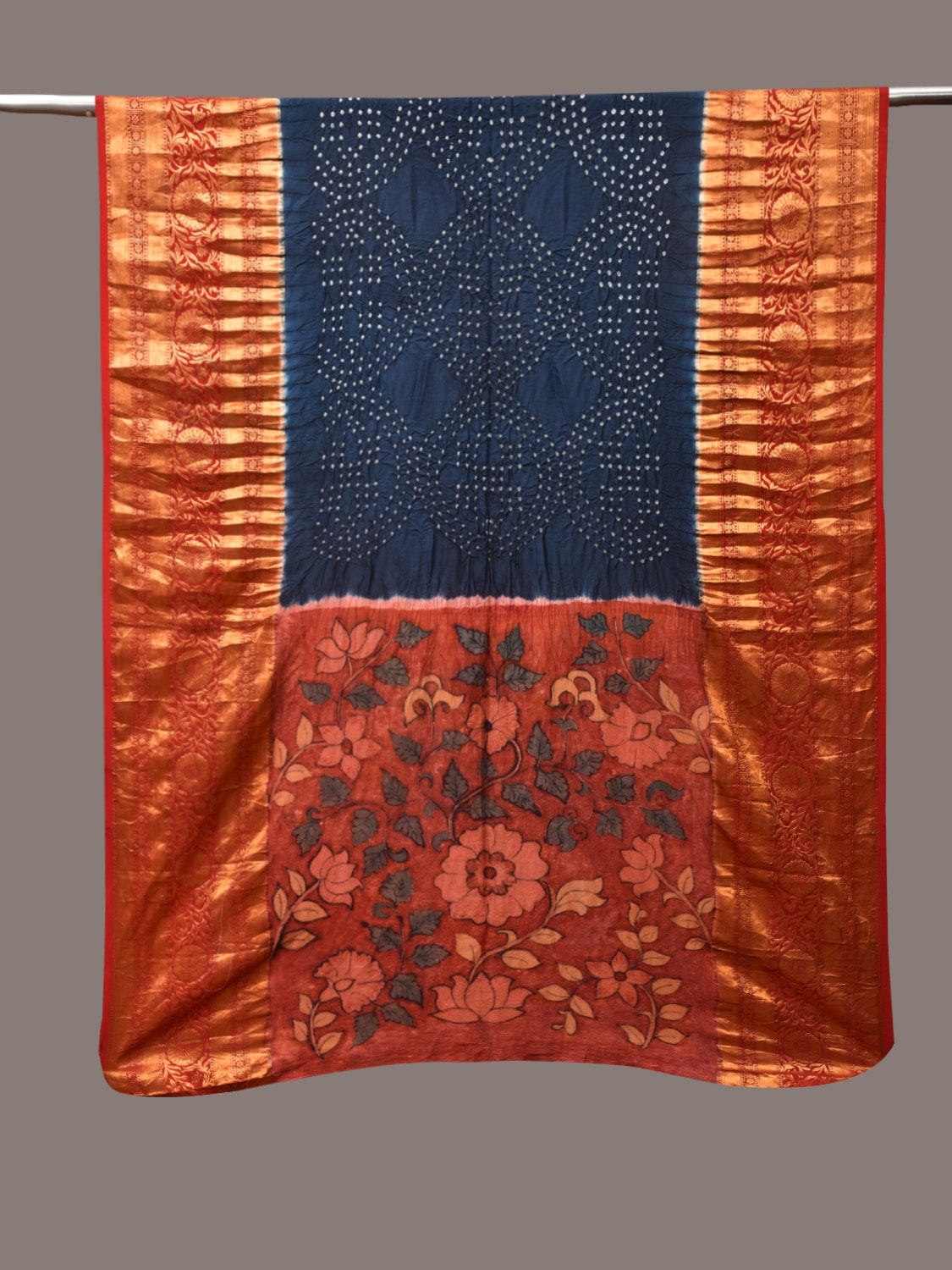 Navy and Red Bandhani Kanchipuram Silk Handloom Dupatta with Kalamkari Design - Global Threads | Swadesiicart