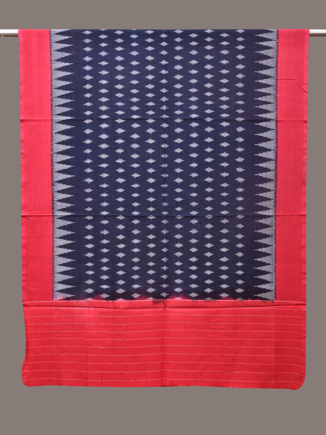 Navy and Red Pochamaplly Ikat Cotton Handloom Dupatta with Temple Border Design - Global Threads | Swadesiicart