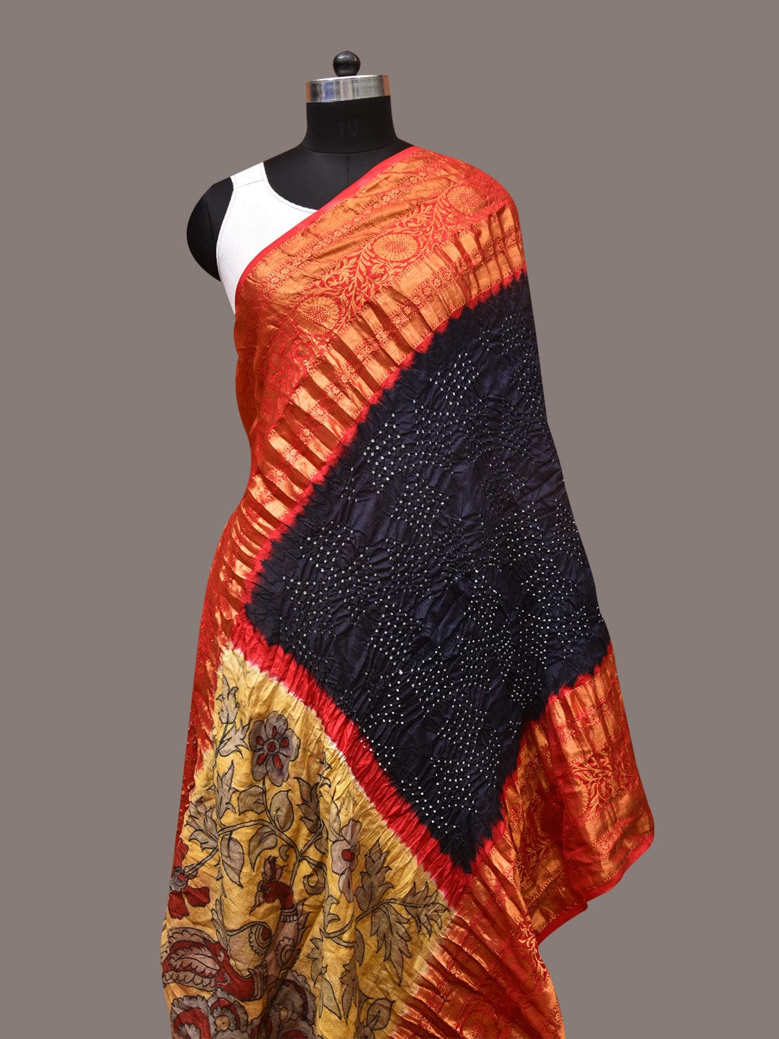 Navy Bandhani Kanchipuram Silk Handloom Dupatta with Kalamkari Design - Global Threads | Swadesiicart
