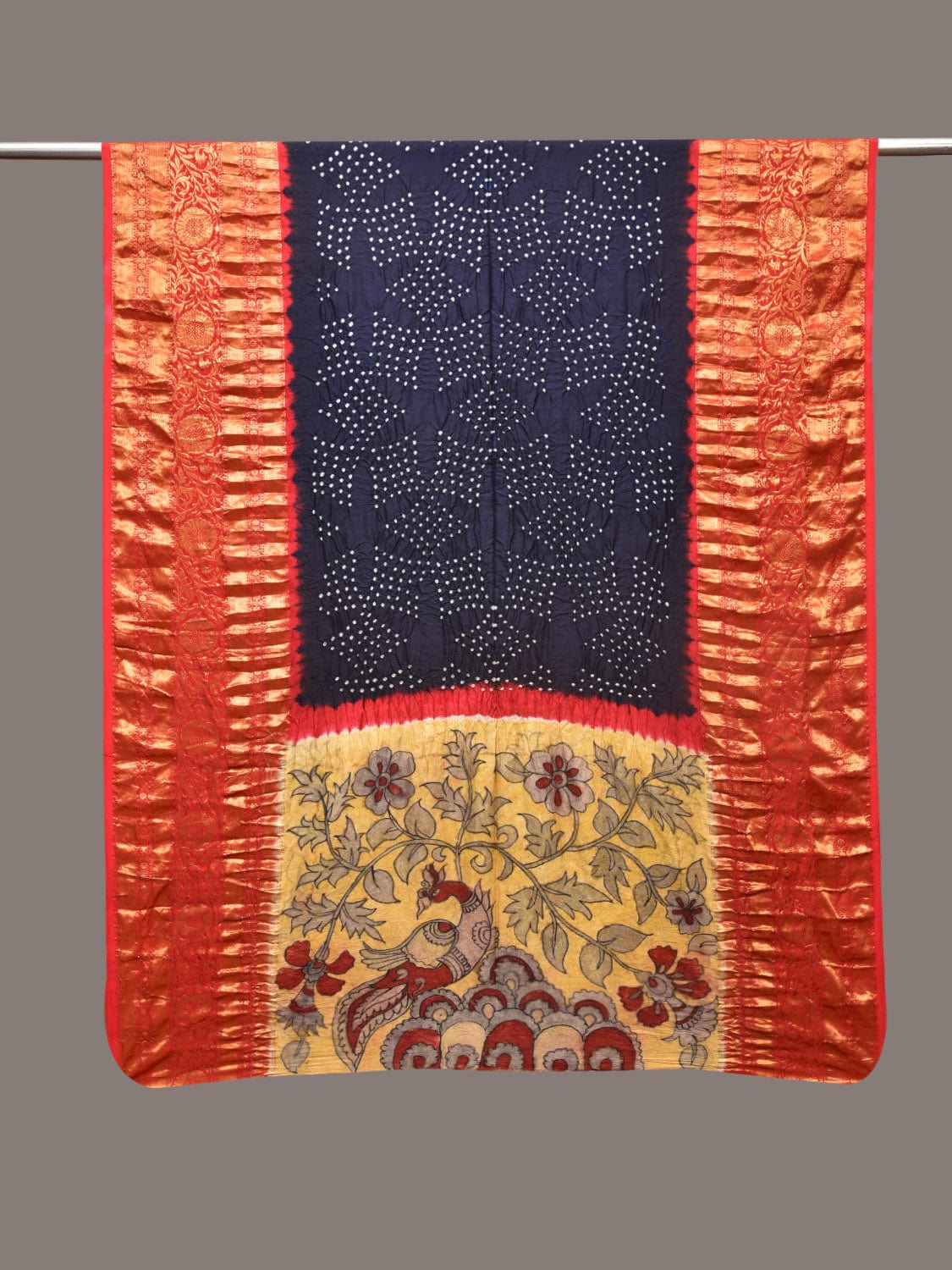 Navy Bandhani Kanchipuram Silk Handloom Dupatta with Kalamkari Design - Global Threads | Swadesiicart