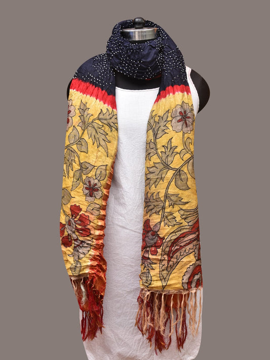 Navy Bandhani Kanchipuram Silk Handloom Dupatta with Kalamkari Design - Global Threads | Swadesiicart