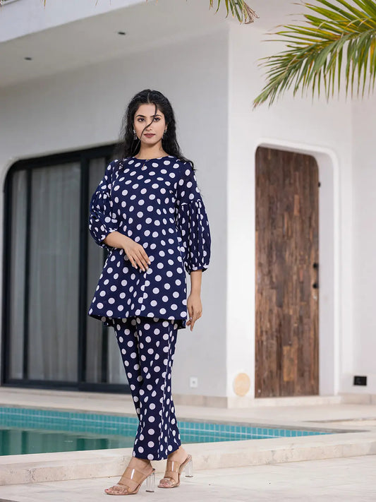 Yufta Navy Blue Polka Dot Print Top And Trouser Co Ord Set - Swadesiicart