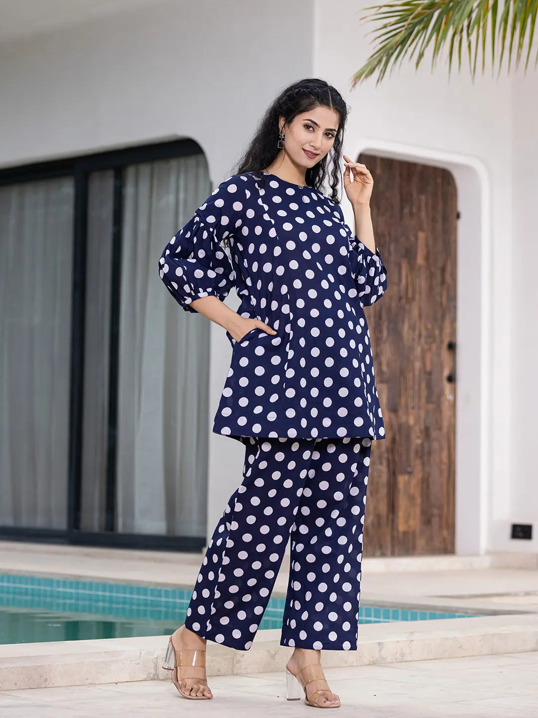 Yufta Navy Blue Polka Dot Print Top And Trouser Co Ord Set - Swadesiicart