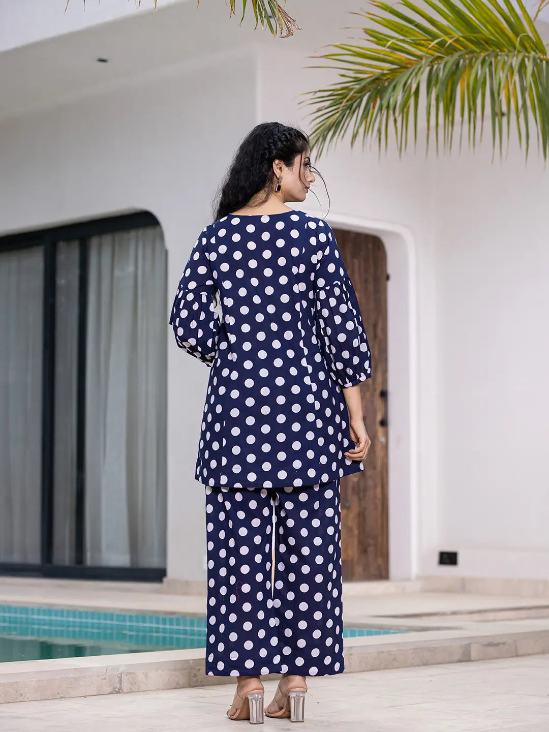 Yufta Navy Blue Polka Dot Print Top And Trouser Co Ord Set - Swadesiicart