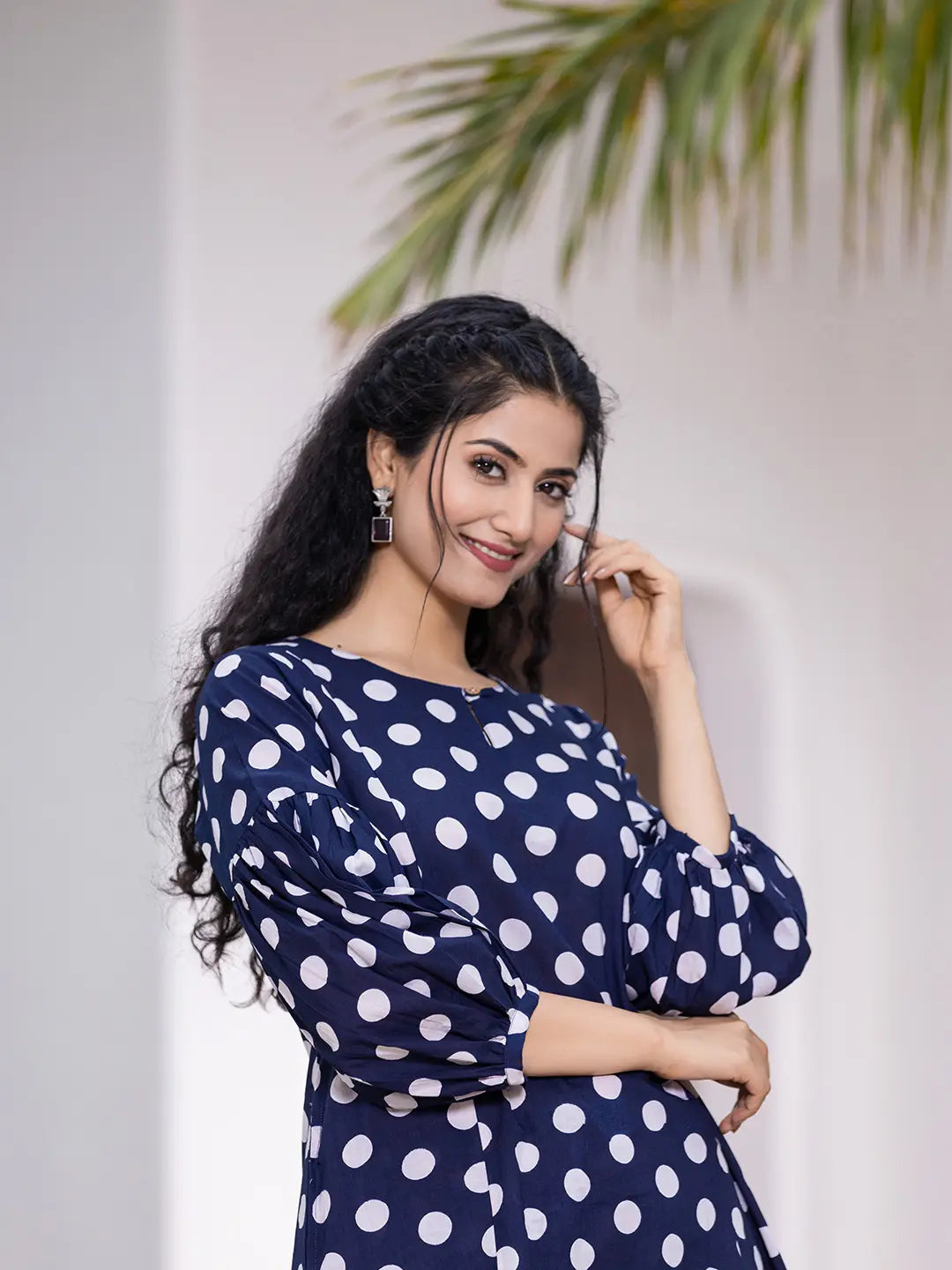 Yufta Navy Blue Polka Dot Print Top And Trouser Co Ord Set - Swadesiicart
