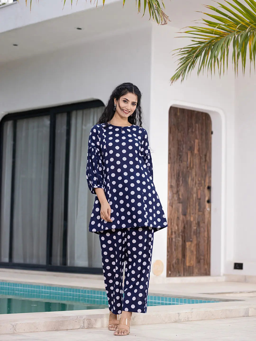 Yufta Navy Blue Polka Dot Print Top And Trouser Co Ord Set - Swadesiicart