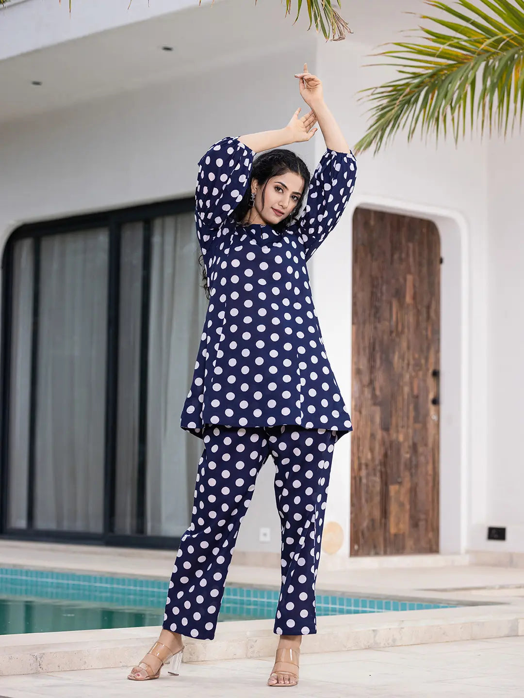 Yufta Navy Blue Polka Dot Print Top And Trouser Co Ord Set - Swadesiicart