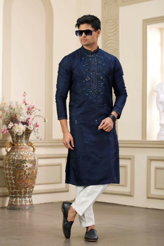 Raivat Ethnic Banarasi Art Silk Thread and Mirror Work Kurta Pajama In Blue Colour | Swadesiicart