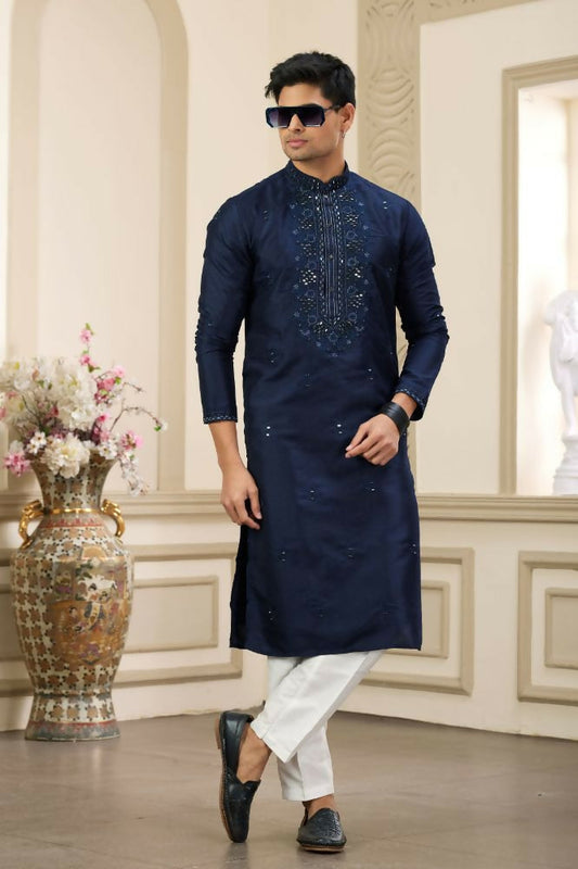 Raivat Ethnic Banarasi Art Silk Thread and Mirror Work Kurta Pajama In Blue Colour | Swadesiicart