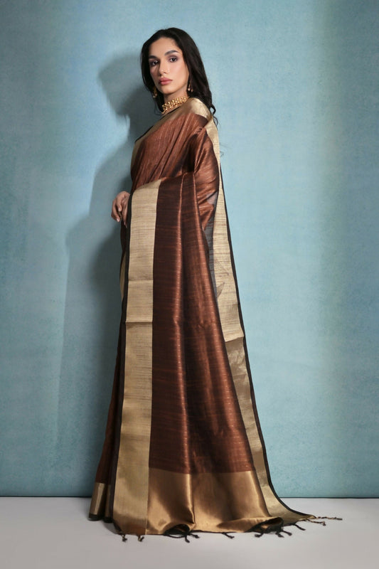 Vishnu Weaves Women's Coffee Raw Silk Zari Woven Saree with Blouse - Swadesiicart