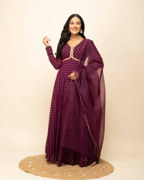 FIORRA Women's Wine Georgette Anarkali Kurta With Dupatta - Swadesiicart