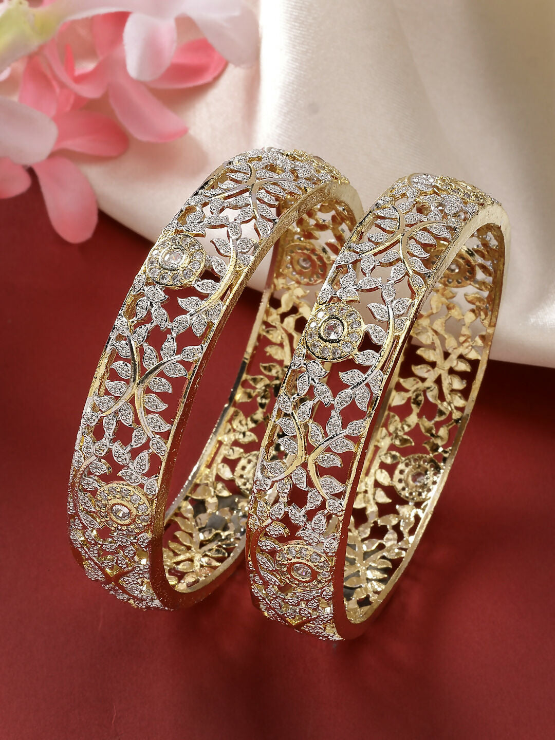 NVR Women's Set of 2 Gold-Polished American Diamond Emblished Handcrafted Bangles - Swadesiicart
