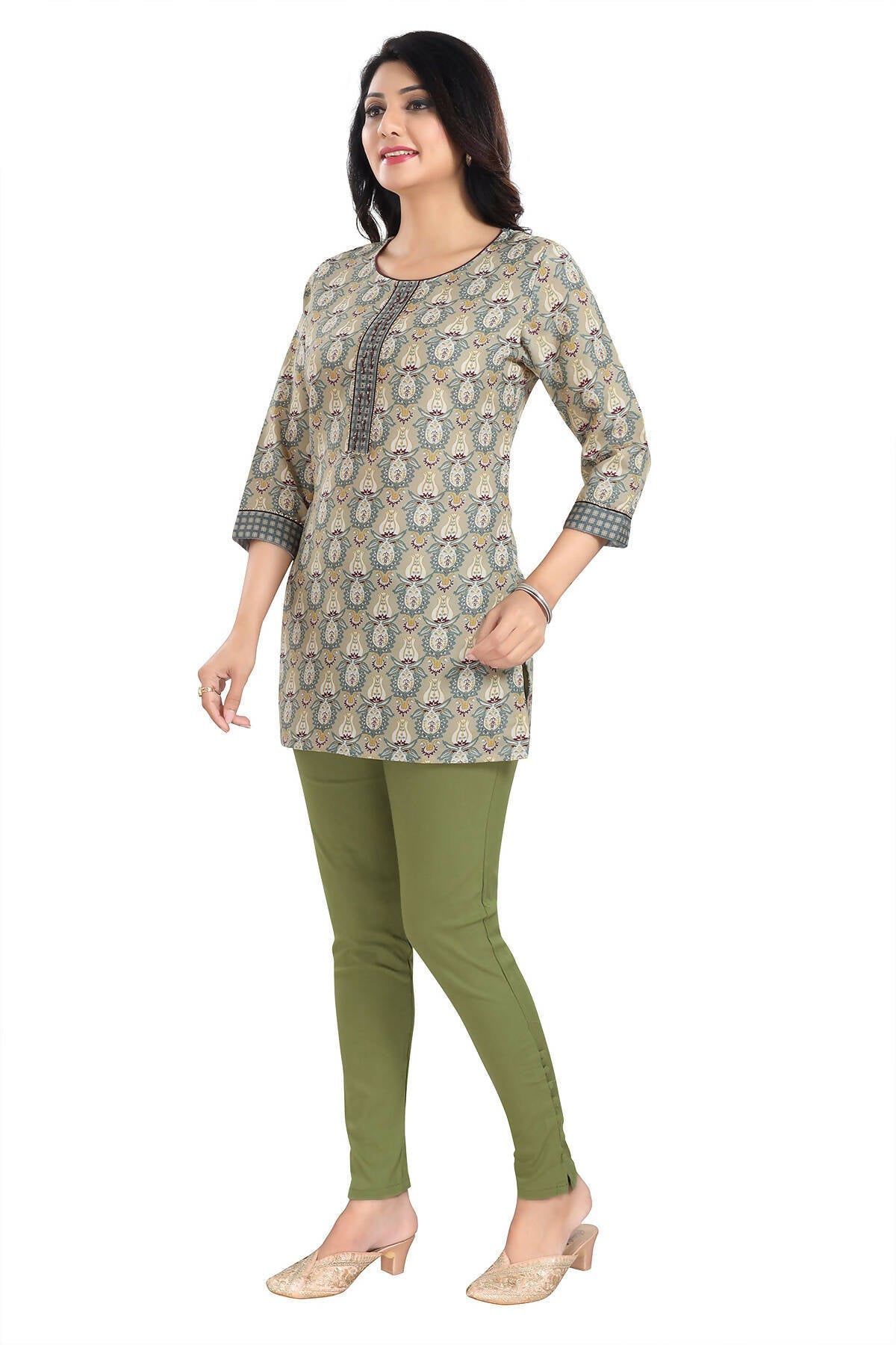 Snehal Creations Pretty Pastle Variyali Green Rayon Short Kurti Tunic Top - Swadesiicart