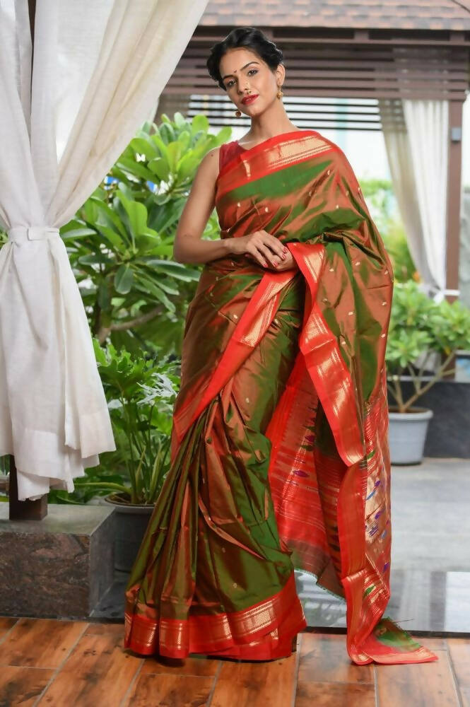 Very Much Indian Pure Silk Yeola Handloom Green Red Dual Tone - Paithani Saree With Traditional Double Pallu | Swadesiicart