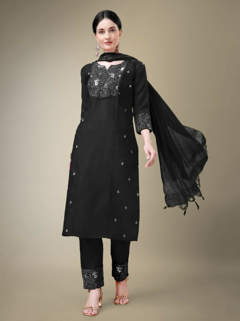 Jyoti Fashion Women's Black Cotton Blend Embroidery & Fancy Lace work Kurta with Trouser & Dupatta | Swadesiicart