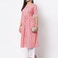 Myshka Women's Pink Printed 3/4 Sleeve Cotton Round Neck Dress